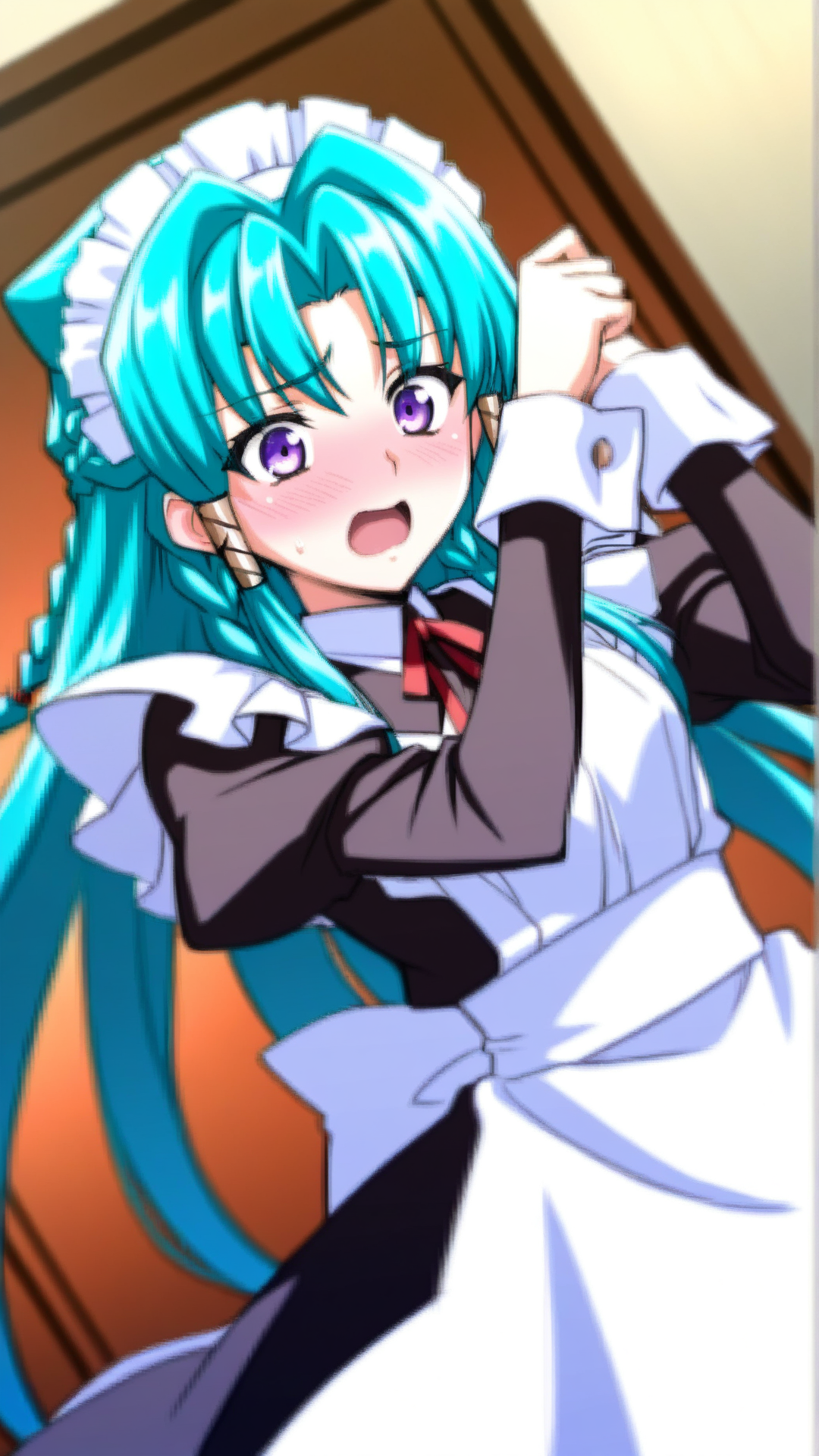 source_anime, general, best quality, masterpiece, 1girl,  <lora:shana_mia_ill_v1.0:1.0> shana_mia\(srw\),purple eyes,long hair,braid, very long hair,aqua hair, hair tubes, maid, maid headdress, maid apron, flustered, (embarrassed:0.7),  dynamic pose, dutch angle,