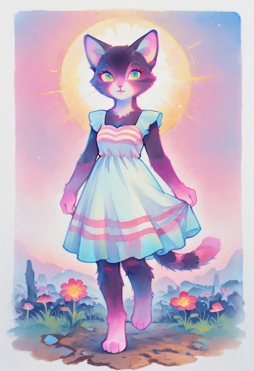highly detailed, traditional media, 1girl, cat, purple fur, two-tone fur, pink striped fur, sun dress