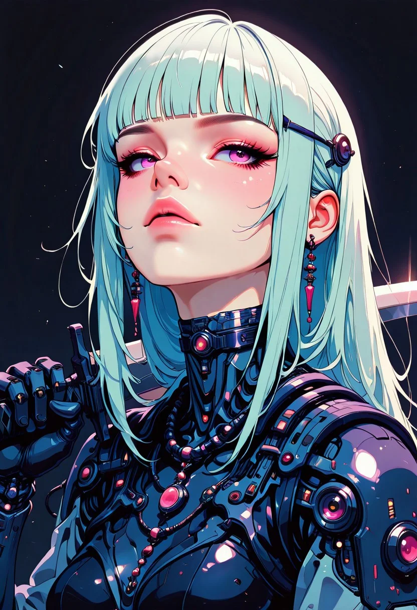 masterpiece, best quality, good quality, very aesthetic, absurdres, newest, 8K, depth of field, focused subject, in the style of cknc, artist:moriimee, in the style of cksc, BREAK
side portrait of stunning Chinese cyborg woman, bangs, sidelocks, bangs, choker, necklaces, earrings, hairpin, cybernetic bodysuit, robot joints, armour, holding scimitar, dynamic pose, dark background, detailed face, directional lighting, viewed from above