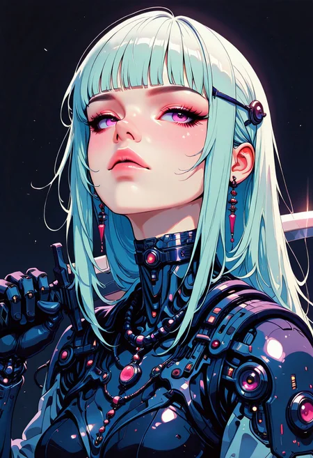 masterpiece, best quality, good quality, very aesthetic, absurdres, newest, 8K, depth of field, focused subject, in the style of cknc, artist:moriimee, in the style of cksc, BREAK
side portrait of stunning Chinese cyborg woman, bangs, sidelocks, bangs, choker, necklaces, earrings, hairpin, cybernetic bodysuit, robot joints, armour, holding scimitar, dynamic pose, dark background, detailed face, directional lighting, viewed from above