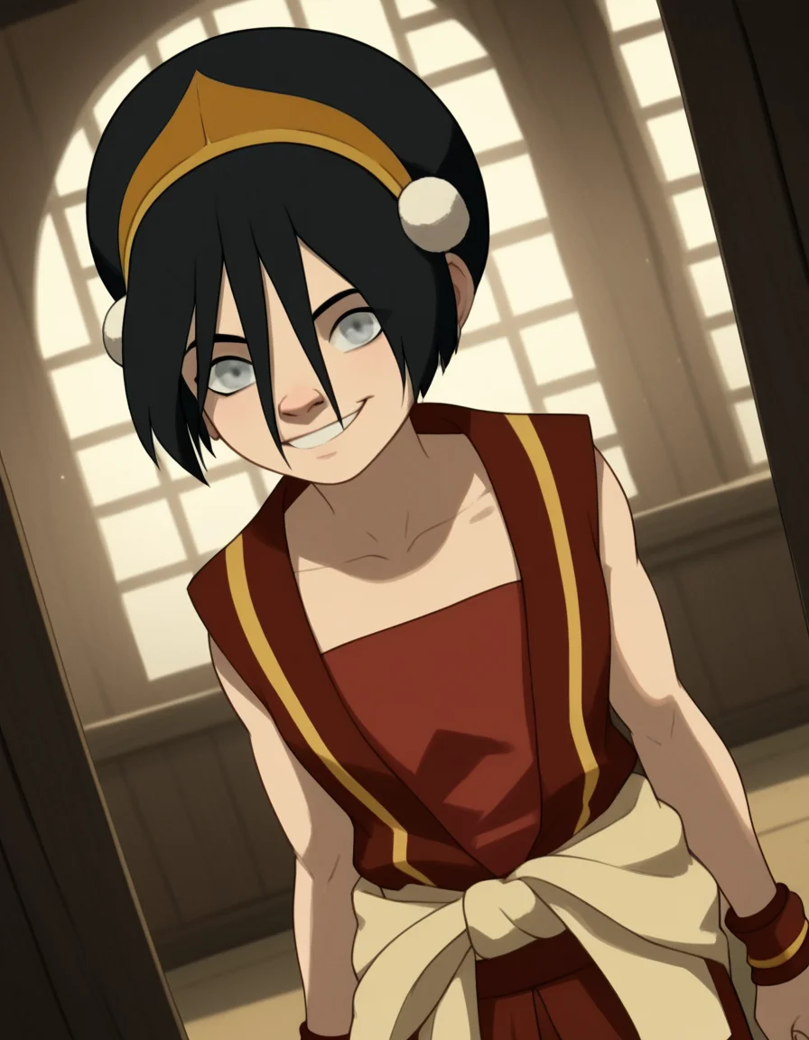 score_9, score_8_up, score_7_up, source_anime, <lora:toph-beifong-book2book3-ponyxl-lora-nochekaiser:1>, toph beifong, black hair, hairband, blind, grey eyes, hair between eyes, short hair,, shirt, sleeveless, red shirt, collarbone, bare shoulders, red pants, clothes around waist, gold hairband,, indoors, smile, looking at viewer, solo,, cowboy shot, dutch angle
