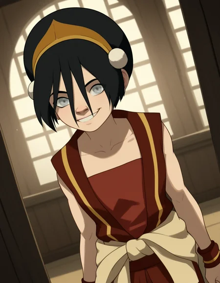score_9, score_8_up, score_7_up, source_anime, <lora:toph-beifong-book2book3-ponyxl-lora-nochekaiser:1>, toph beifong, black hair, hairband, blind, grey eyes, hair between eyes, short hair,, shirt, sleeveless, red shirt, collarbone, bare shoulders, red pants, clothes around waist, gold hairband,, indoors, smile, looking at viewer, solo,, cowboy shot, dutch angle