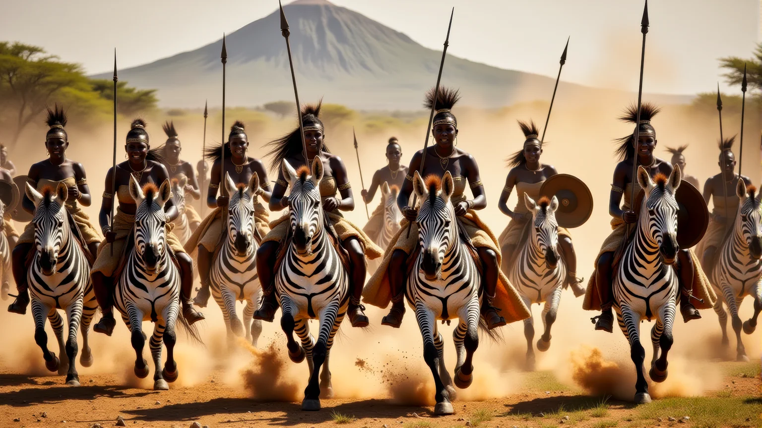 Real photograph of an army of African warrior women, black skin, Nubian, beautiful, breathtaking, athletic, (small breasts:1.4), earrings, necklace, wrist bands, human feet wearing sandals, dangerous, fierce, determined, battle hardened, mounted atop angry and ferocious zebras, cavalry charging into battle with lowered spears, shields and spears bearing war decorations, fierce angry painted faces full of rage, yelling fierce war cries, African Savannah with mount Kilimanjaro in the background, intricate details, masterpiece, elegant, complex patterns, (full body shot from head to toe:1.6), environmental wide angle, dramatic and dynamic morning lighting, intense atmosphere <BaroqueColorful:0.72>