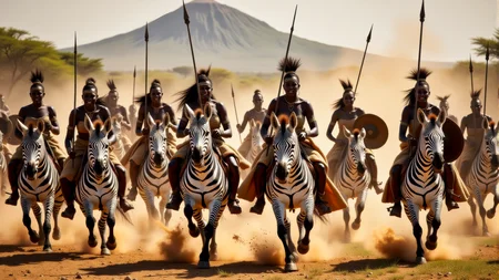 Real photograph of an army of African warrior women, black skin, Nubian, beautiful, breathtaking, athletic, (small breasts:1.4), earrings, necklace, wrist bands, human feet wearing sandals, dangerous, fierce, determined, battle hardened, mounted atop angry and ferocious zebras, cavalry charging into battle with lowered spears, shields and spears bearing war decorations, fierce angry painted faces full of rage, yelling fierce war cries, African Savannah with mount Kilimanjaro in the background, intricate details, masterpiece, elegant, complex patterns, (full body shot from head to toe:1.6), environmental wide angle, dramatic and dynamic morning lighting, intense atmosphere <BaroqueColorful:0.72>