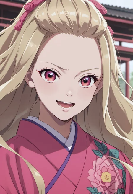 score_9, score_8_up, score_7_up, source_anime, saimori kaya, long hair, blonde hair, pink eyes, 1girl, solo, japanese clothes, kimono, open mouth, smile, pink kimono