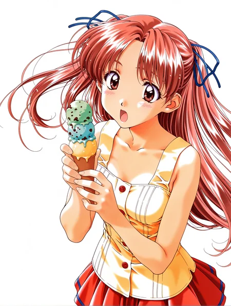masterpiece,best quality,newest,
1girl,solo,
<lora:sawatari_honoka_ilxlv1.5:1>,s_honoka,pink hair,hair ribbon,two side up,long hair,brown eyes,
simple background,white background,<lora:Fixhands_anime_bdsqlsz_V1:1>,
skirt,food,ice cream,ice cream cone,open mouth,holding,1990s (style),holding food,blush,cowboy shot,red hair,pleated skirt,red skirt,sleeveless,
