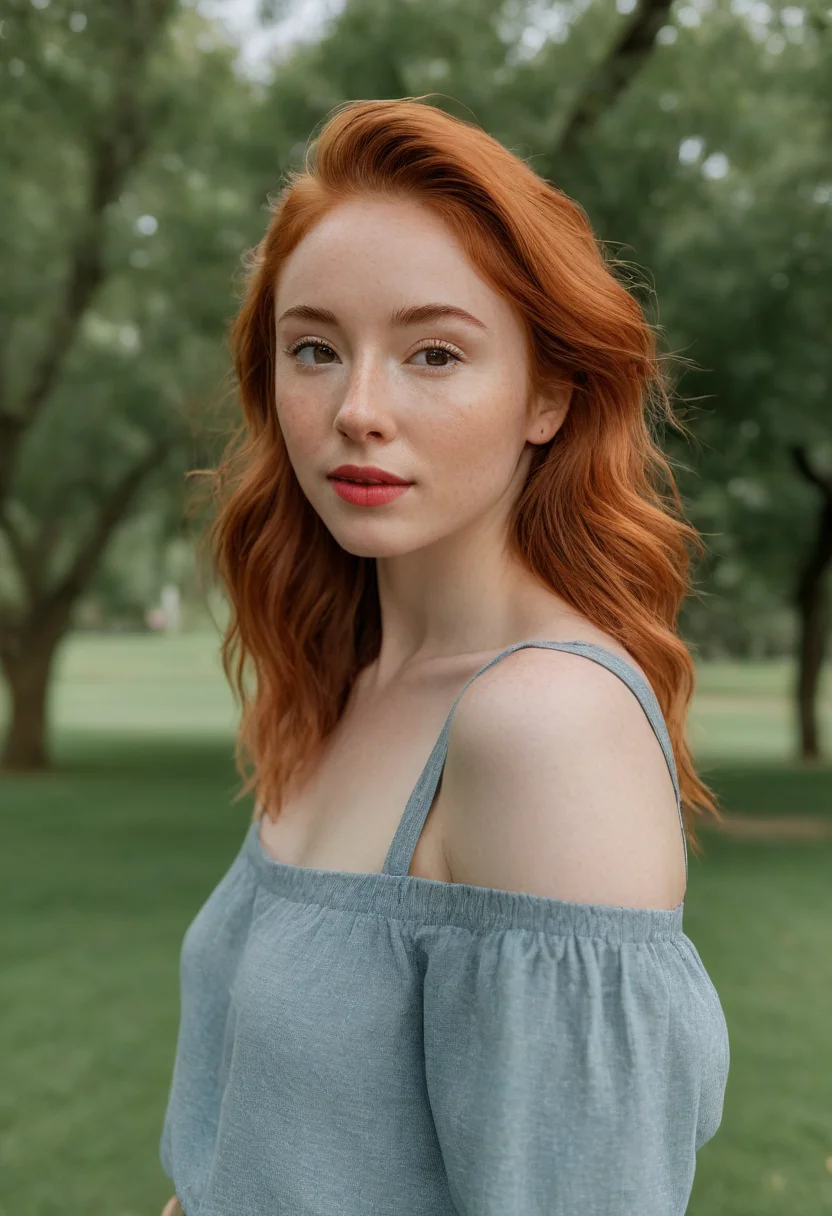 <lora:JuggerCineXL2:0.8> raw photo, raw picture, realism, realistic style, a photo \(medium\) of katiekones \(subject\), wearing a cute outfit for me \(wardrobe\), in the park \(background\), looking off camera, red hair, thin lips, facial skin fuzz, body freckles, full body, portrait, highres, best quality, full sharp, 4 k photography, real <lora:katiekones_v1:1>, detailed skin texture, (blush:0.5), (goosebumps:0.5), subsurface scattering, RAW candid cinema, 16mm, color graded portra 400 film, remarkable color, ultra realistic, textured skin, remarkable detailed pupils, realistic dull skin noise, visible skin detail, skin fuzz, dry skin, shot with cinematic camera