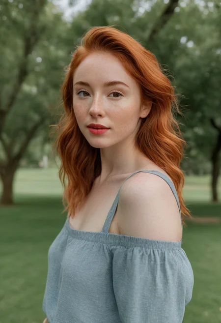 <lora:JuggerCineXL2:0.8> raw photo, raw picture, realism, realistic style, a photo \(medium\) of katiekones \(subject\), wearing a cute outfit for me \(wardrobe\), in the park \(background\), looking off camera, red hair, thin lips, facial skin fuzz, body freckles, full body, portrait, highres, best quality, full sharp, 4 k photography, real <lora:katiekones_v1:1>, detailed skin texture, (blush:0.5), (goosebumps:0.5), subsurface scattering, RAW candid cinema, 16mm, color graded portra 400 film, remarkable color, ultra realistic, textured skin, remarkable detailed pupils, realistic dull skin noise, visible skin detail, skin fuzz, dry skin, shot with cinematic camera