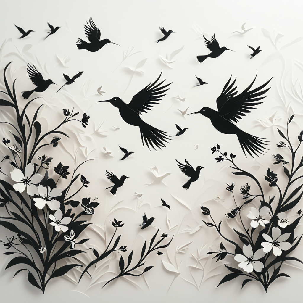 A minimalist and stylized illustration featuring a collection of birds and flowers rendered in black silhouettes. The birds are depicted in various poses, including flying, perching, and standing, with clean and simple lines that create a striking contrast against the white background. The flowers are designed with geometric patterns, adding a modern touch to the natural elements. The composition is sparse and elegant, with ample white space that emphasizes the shapes and forms of the birds and flowers. The overall design is contemporary and visually appealing, showcasing the beauty of nature through a minimalist lens, in the style of papercut, encaustic, carved relief, oragami, tilt pitch
 <lora:artfullyBIRDS_SDXL_V1:.8> <lora:artfullyPAPERCUT_SDXL_V1:1>, artbrdsprrt, artpprct