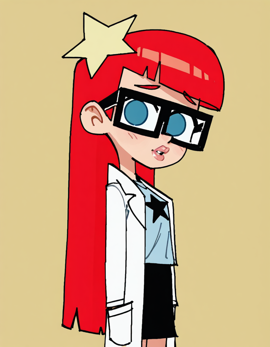 susantest, 1girl, red hair, glasses, solo, long hair, blue eyes, star hairclip, labcoat, blue t-shirt,skirt, lips,  looking at viewer,cowbot shot,simple background,  <lora:SusanTestIllustrious1.0JLFO-000017:0.8> wamudraws,