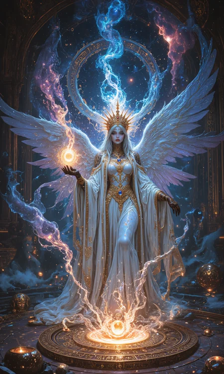 Ethereal djinn empress, celestial beauty, gossamer gown woven from stardust, luminous skin with constellations, eyes like swirling galaxies, flowing hair of cosmic mist, crown of floating gemstones, wielding orb of elemental magic, surrounded by shimmering aura, majestic posture, serene expression, celestial palace backdrop, swirling nebulas, ornate golden jewelry, intricate henna patterns, translucent wings, glowing runes, floating crystals, mystical symbols, 8k resolution, hyperrealistic details, soft ethereal lighting, cinematic composition <lora:sxz-Dark-Fantasy-v2-Flux:0.2> <lora:Improved Amateur Realism:0.3> <lora:FluxMythAn1meL1nes:0.7> <lora:style_of_Norman_Ackroyd_FLUX_100:0.3> <lora:aidmaMJ6.1-FLUX-v0.4:0.8> <lora:flux_dev:1>