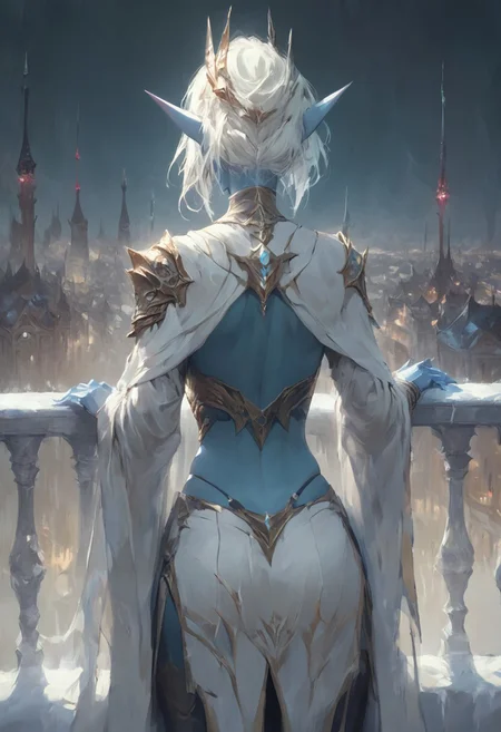 Score_9, Score_8, Score_7, elf, Blue Skin, A snow elf with white hair wearing a thong as she stands on a city balcony overlooking a fantasy city at night, snow elf, facing away from the viewer looking out at the city.