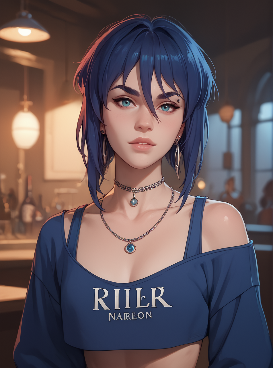 score_9, score_8_up, score_7_up, 1girl, cartoon, western animation, looking at viewer, flat colors,<lora:laurielpxl:1>, laurielpxl, piercing , blue top,
