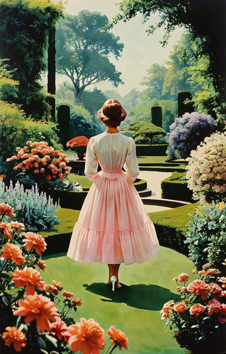 masterpiece,best quality,<lora:tbh370-sdxl:0.6>,illustration,style of Milton H. Greene A bottle of perfume in garden
