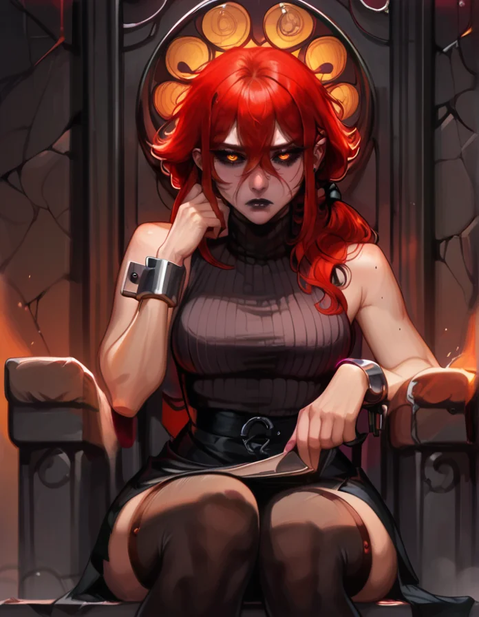 score_9, score_8_up, score_7_up, detailed background, realistic lighting, sitting on throne,
1 girl, detailed eyes,slim and fit, solo, dynamic pose, mature adult female,
Kydra, red hair, hair glow, dark lips, sleeveless turtleneck, skirt, thigh highs, metal cuffs, tired,
<lora:Kydra-000010:0.7>,
<lora:Pony - Style - Kittew:1> 4RCH0N