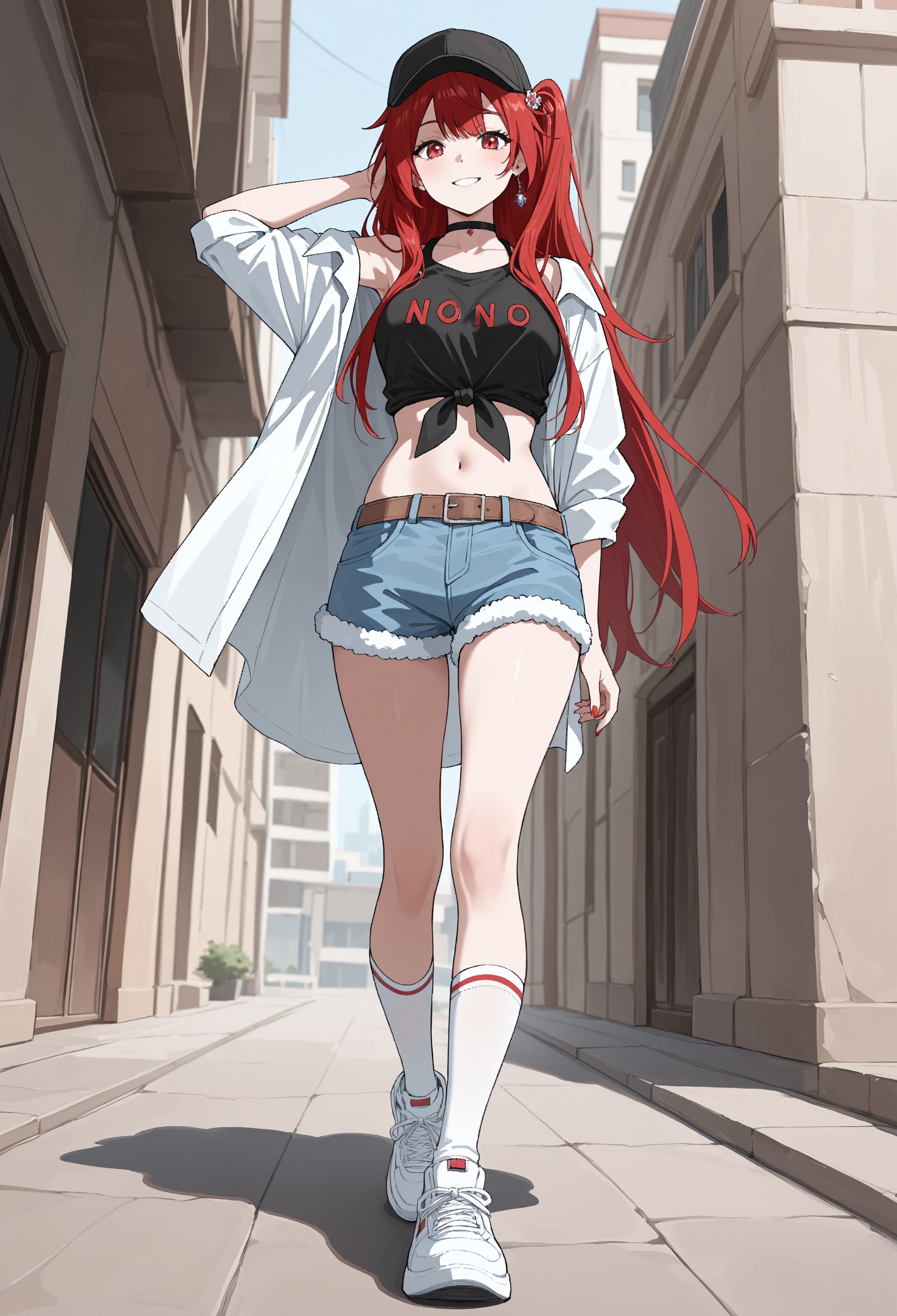 masterpiece, best quality, very aesthetic, DRNoNo, 1girl, solo, female focus, red hair, long hair, one side up, red eyes, medium breasts, hair ornament, red nails, single earring, black choker, black crop top, tied shirt, clothes writing, midriff, open shirt, white oversized shirt, sleeves rolled up, brown belt, blue shorts, fur-trimmed shorts, white socks, kneehighs, white sneakers, baseball cap, full body, walking, hand behind head, smiling, day, outside, looking at viewer, perspective