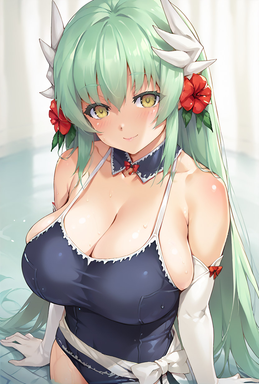 score_9,score_7_up,  <lora:kiyohime_(lancer)_XL_1:1>  bbkiyo, long hair, green hair, white horns, hair flower, red hair flower, yellow eyes, detached collar, cleavage, school swimsuit, blue one-piece swimsuit, elbow gloves, white gloves, sash, blush, smile, huge breasts  <lora:happou_jin-Style-PonyXL-Dora-000037:1>