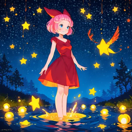 score_9, score_8_up, score_7_up, score_6_up, score_5_score_4, night, astract, starry sky, stars, glitters,<lora:alice-v1-13:1> biblioalice, 1girl, red hair bow, red dress, (light_pink_hair), (young), over water, dark water, (blue eyes),
BRAKE <lora:eyes:1> (shizoeyes), glowing, ((extra eyes:1.4)), black background, (blood), angels, <lora:SDXLFaeTastic2400:0.7> burning, reflective water,
