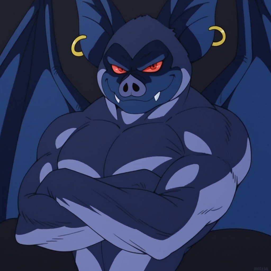 score_9, score_8_up, score_7_up, 1boy, solo, Expressiveh, (KillerBat, male bat, bat nose, bat ears, blue body, yellow earrings, wings, red sclera, red eyes, looking at viewer, closed mouth, fangs), cowboy shot, arms crossed, black background, simple background, 4k, masterpiece, best quality, highly detailed, realistic