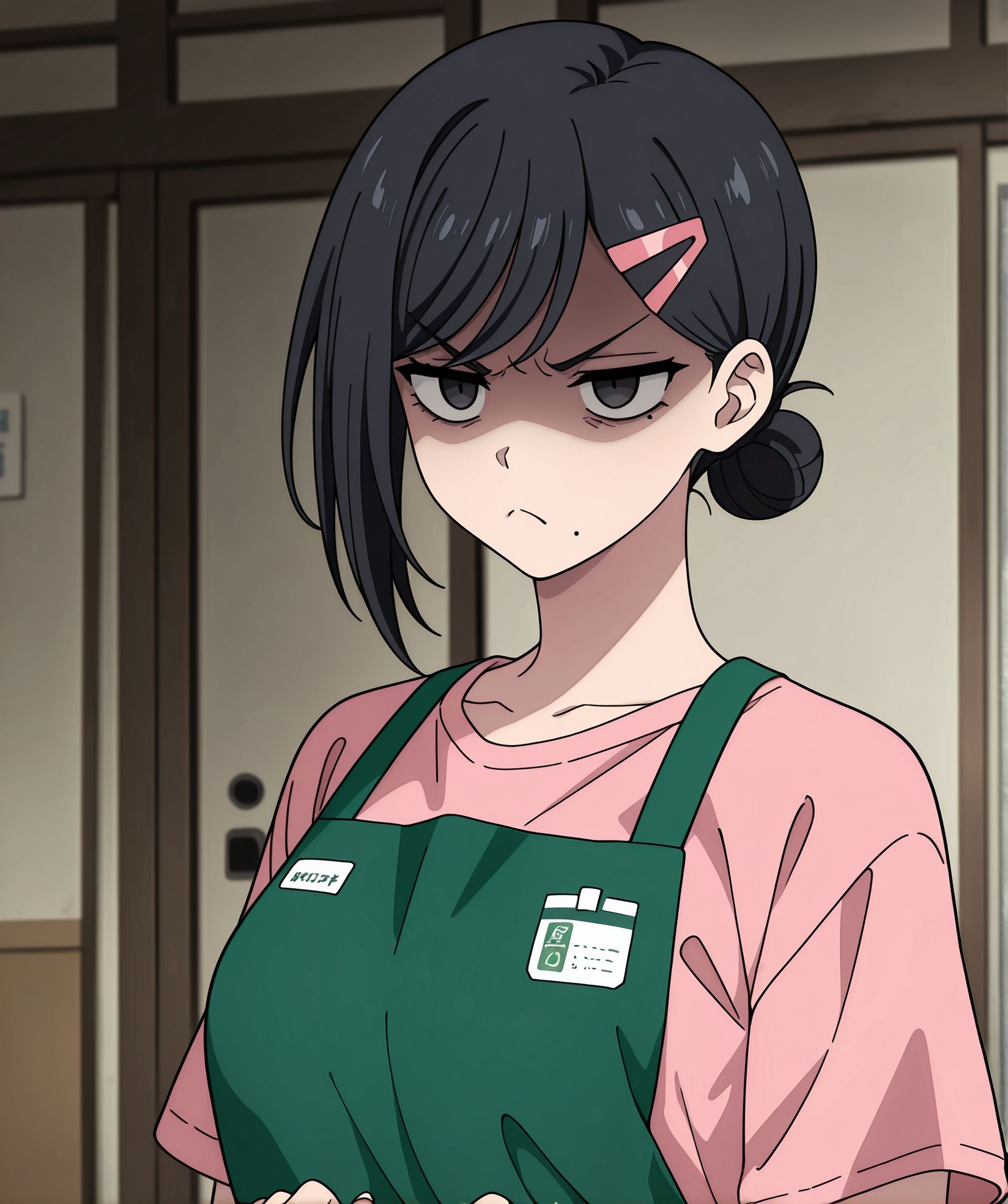 masterpiece,best quality,amazing quality,very aesthetic,absurdres,newest,huge filesize,
<lora:spo_sdxl_10ep_4k-data_lora_webui:0.5>,anime coloring,flat color, 
<lora:add-detail-xl:1>
<lora:Sakamoto_Days:0.8>SAKAMOTO_DAYS_V1,
s_aoi, shaded face, angry, 
1girl,
mole under mouth,
hair ornament,
mole, pink shirt, green apron,
black hair,
hairclip,
upper body,