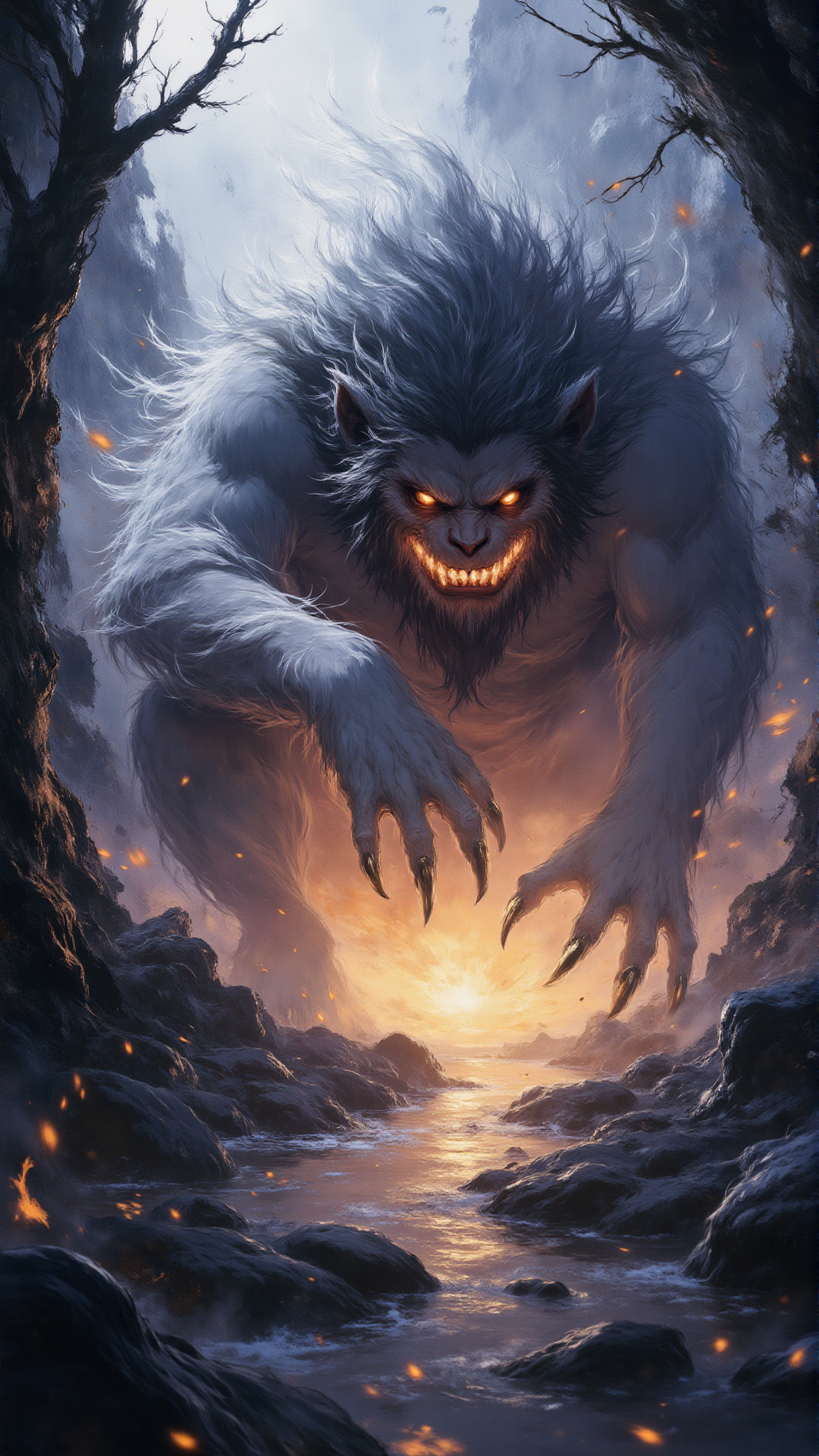 A mythical ape 'Xingxing' from Shan Hai Jing straddling glowing geothermal veins, cracked earth revealing flowing magma calligraphy in subterranean cavern, centered watercolor with mineral deposit textures. White-furred primate in seismic listening stance, palms pressed to ground triggering jade-green energy ripples through crystal clusters. Amber eyes projecting holographic mountain ranges onto cavern walls, silver-tipped ears vibrating with tectonic frequencies. Archaic glyphs along limbs pulsing in sync with magma flow, claw trails crystallizing airborne ash into floating seal scripts. Semi-transparent mane absorbing mineral vapors into chromatic halos, xuan paper texture fused with stratified rock layers. Burnt sienna and malachite tones illuminated by cinnabar-lit fissures and azurite crystal growths on shoulder joints