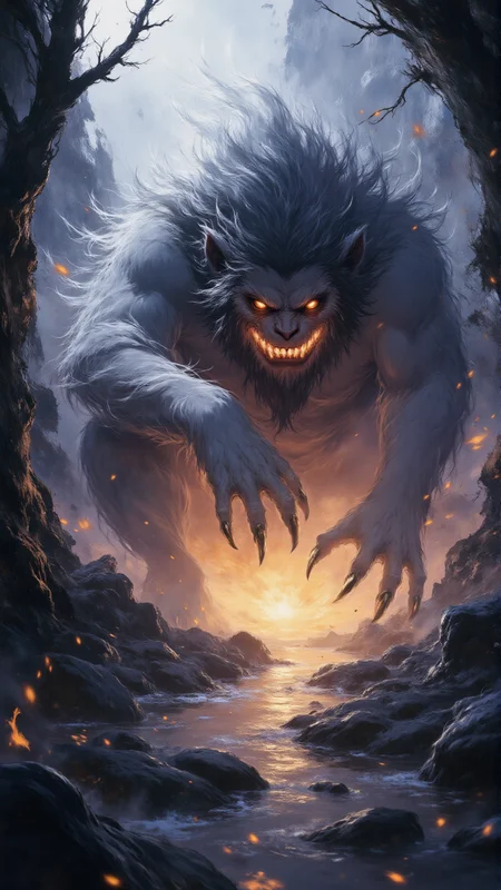 A mythical ape 'Xingxing' from Shan Hai Jing straddling glowing geothermal veins, cracked earth revealing flowing magma calligraphy in subterranean cavern, centered watercolor with mineral deposit textures. White-furred primate in seismic listening stance, palms pressed to ground triggering jade-green energy ripples through crystal clusters. Amber eyes projecting holographic mountain ranges onto cavern walls, silver-tipped ears vibrating with tectonic frequencies. Archaic glyphs along limbs pulsing in sync with magma flow, claw trails crystallizing airborne ash into floating seal scripts. Semi-transparent mane absorbing mineral vapors into chromatic halos, xuan paper texture fused with stratified rock layers. Burnt sienna and malachite tones illuminated by cinnabar-lit fissures and azurite crystal growths on shoulder joints