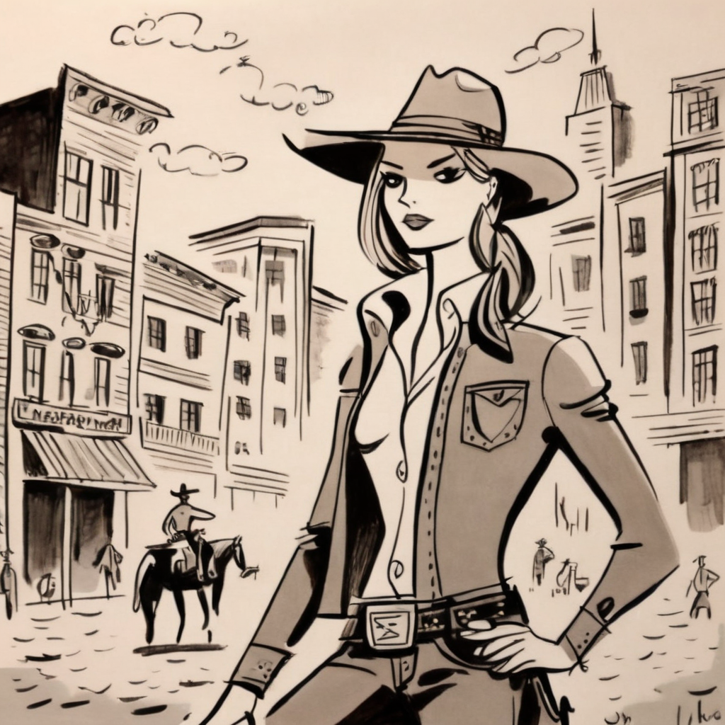 drawix23  cowgirl girl in the wild west, with buildings and riders in the background,  very detailed<lora:drawix23:1>