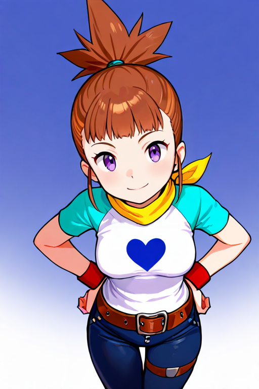 masterpiece, High quality, Ultra detailed, 2d, newest, absurdres, highres, BREAK
1girl, solo, <lora:makino_ruki:0.8>, ruki_makino, high ponytail, brown hair, purple eyes, 
medium breasts, rukidef, raglan sleeves, scarf, t-shirt, heart print, wristband, belt, pants, jeans, thigh strap, 
looking at viewer, from above, smile,
