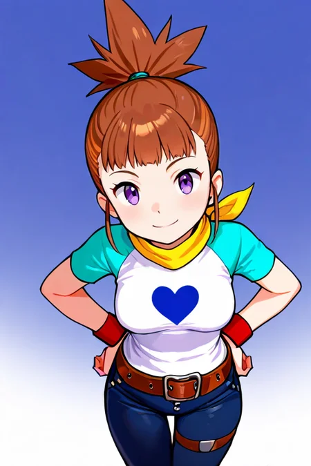 masterpiece, High quality, Ultra detailed, 2d, newest, absurdres, highres, BREAK
1girl, solo, <lora:makino_ruki:0.8>, ruki_makino, high ponytail, brown hair, purple eyes, 
medium breasts, rukidef, raglan sleeves, scarf, t-shirt, heart print, wristband, belt, pants, jeans, thigh strap, 
looking at viewer, from above, smile,