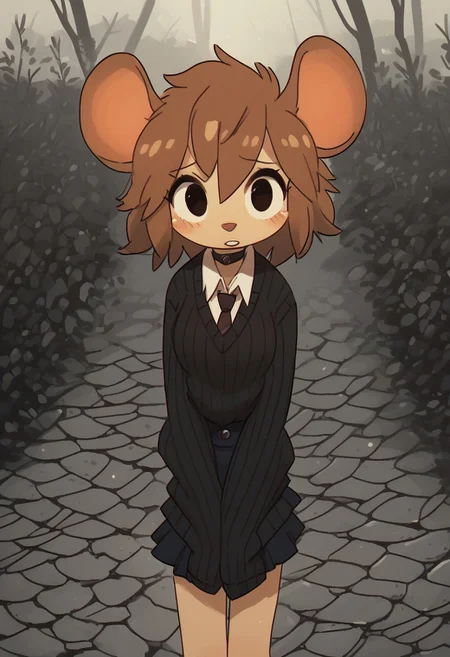 score_9, score_8_up, score_7_up, score_6_up, source_furry, source_anime, (short, diminutive, smol, short stack), (anthro, mouse, snout, mouse paws, digitigrade, buckteeth, female, small breasts), (dress shirt, skirt, tie, sweater, long sleeves, choker), cute, adorable, slim, thin, bottom heavy, (hair, fluffy hair, short hair, brown hair), (shy, timid), solo, dynamic pose, looking at viewer, outdoors, gothic