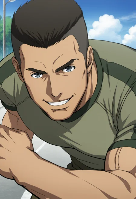 1boy, daisukeshinoyama_aico, tight green military shirt, black hair, crew hair cut,,  veiny arms, manly, muscular, stocky body, big muscle, score_7_up, score_6_up, score_8_up, score_9,  looking at viewer, detailed eyes, 8k uhd, high quality , standing in road, blue sky, close_up, front view,  face_focus, smile, front view, fight pose