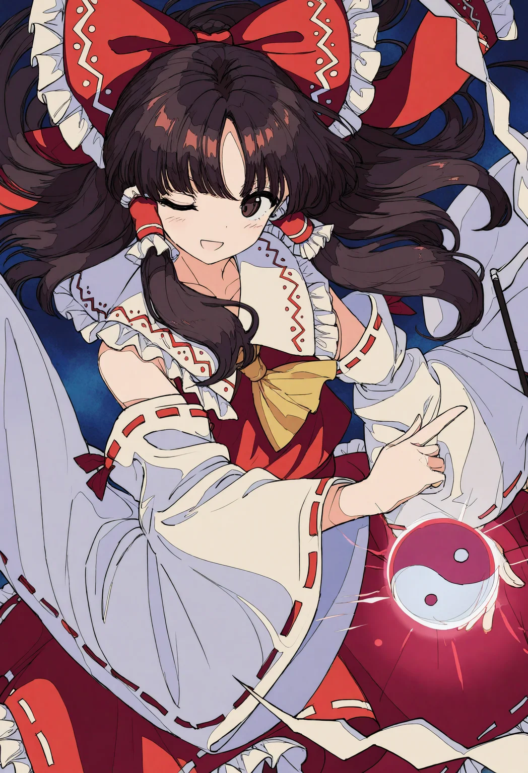 1girl, hakurei reimu, touhou,
ascot, blue ascot, blush, bow, brown eyes, brown hair, detached sleeves, frilled bow, frilled hair tubes, frilled skirt, frills, gohei, hair bow, hair tubes, holding, holding gohei, long hair, one eye closed, open mouth, orb, red bow, red skirt, ribbon-trimmed skirt, ribbon-trimmed sleeves, ribbon trim, skirt, skirt set, smile, solo, yin yang, yin yang orb, yellow ascot, frilled shirt collar, sidelock, wide sleeves,
.
masterpiece, best quality, very aesthetic, absurdres
<lora:ç¦è¶forNoob:0.95>