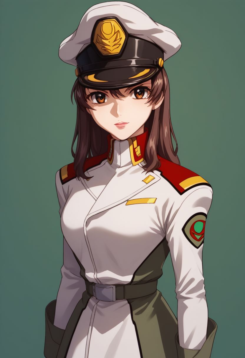 score_9, score_8_up, score_7_up, source_anime, 
murrue, 1girl, uniform, solo, brown hair, military uniform, military, pantyhose, brown eyes, skirt, looking at viewer, upper body, stand, hat, peaked cap,
indoor,