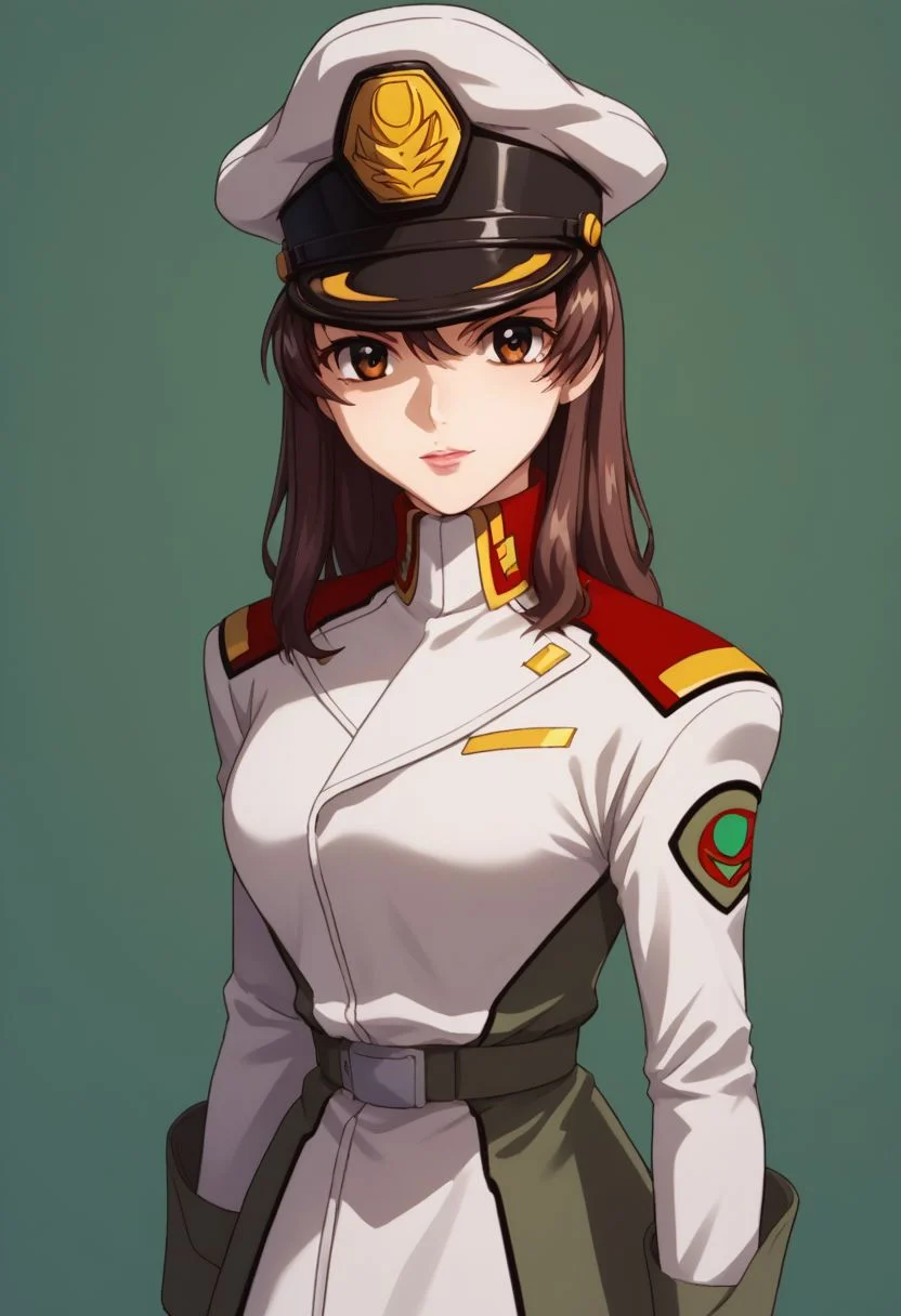 score_9, score_8_up, score_7_up, source_anime,
murrue, 1girl, uniform, solo, brown hair, military uniform, military, pantyhose, brown eyes, skirt, looking at viewer, upper body, stand, hat, peaked cap,
indoor,