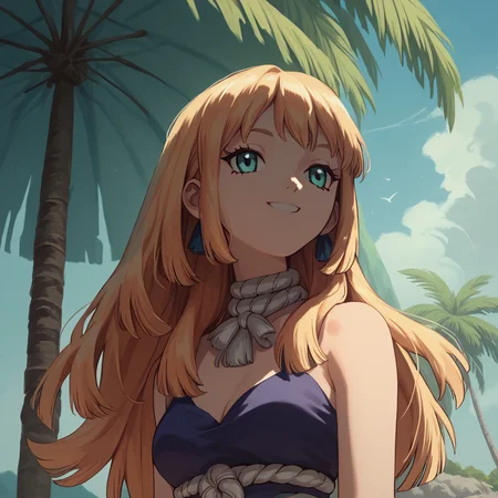 <lora:SlimesRuri:1>, score_9, score_8_up, score_7_up, slimes_ruri, woman, solo, long hair, straight hair, facing viewer, waist up shot, smiling, tropical beach background