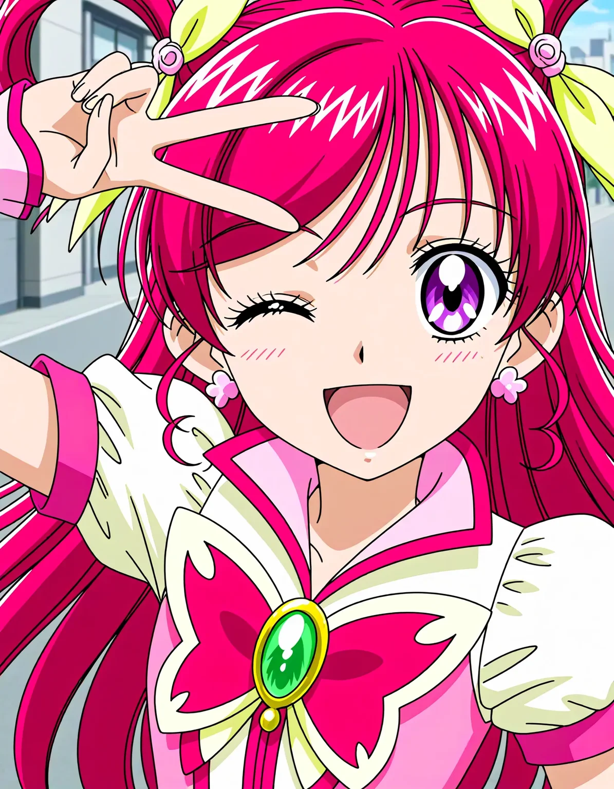 <lora:dmd2_sdxl_4step:1>,1girl,official style,masterpiece,best quality,newest,very aesthetic,highly detailed,high resolution,absurdres,highres,depth of field,super detailed skin,very awa,Anime,anime coloring,anime screencap,<lora:cure_dream_V1:1>,cure dream,abstract_background,smile,open mouth,street,stylish_pose,one eye closed,v,