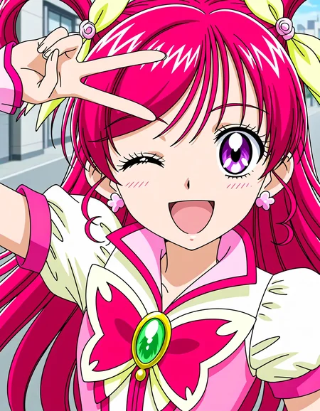 <lora:dmd2_sdxl_4step:1>,1girl,official style,masterpiece,best quality,newest,very aesthetic,highly detailed,high resolution,absurdres,highres,depth of field,super detailed skin,very awa,Anime,anime coloring,anime screencap,<lora:cure_dream_V1:1>,cure dream,abstract_background,smile,open mouth,street,stylish_pose,one eye closed,v,