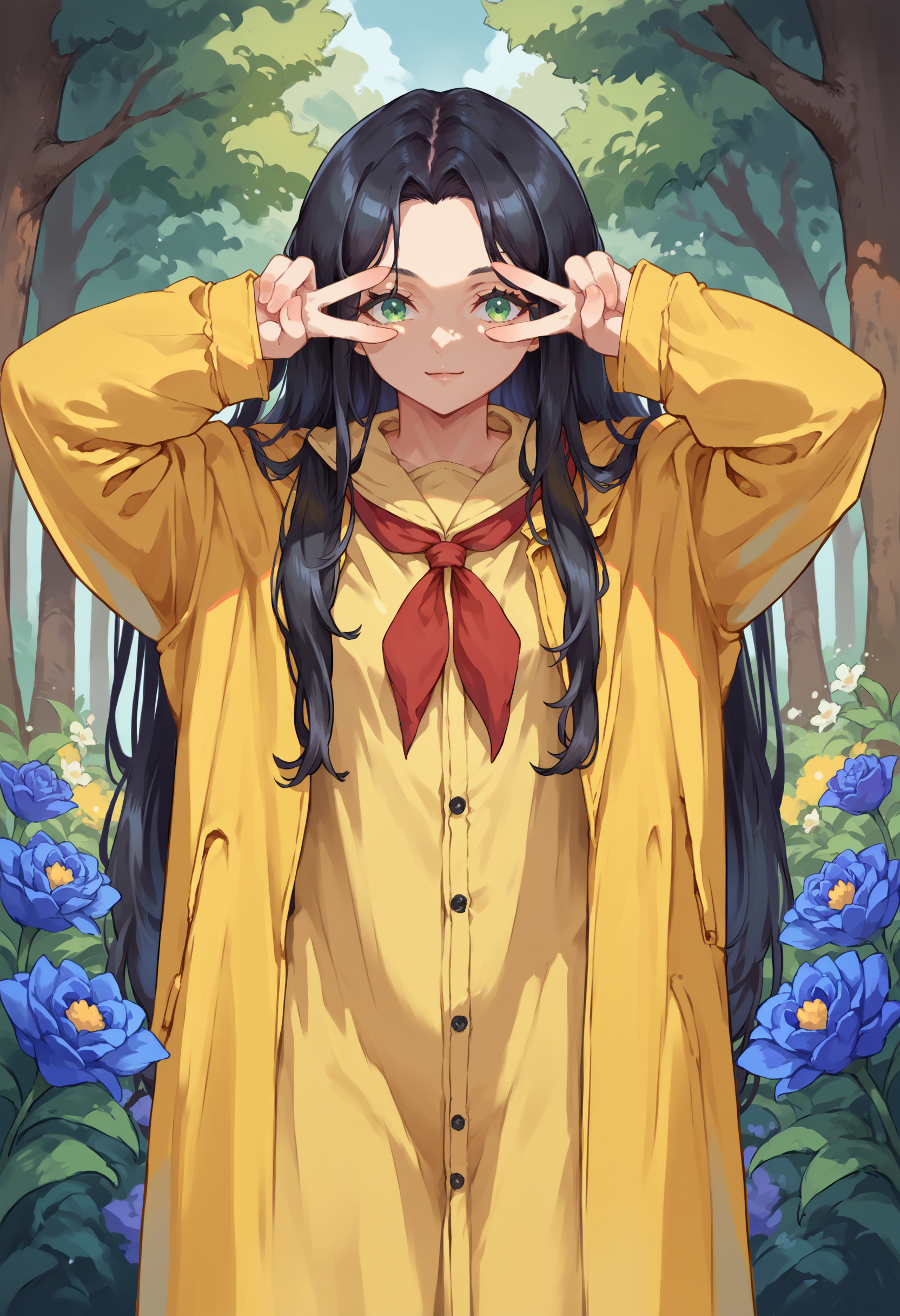 score_9, score_8_up,score_7_up, source_anime, 1girl, solo,
bivgtsav, hands on own face,
<lora:VctryVsgDbl_pdxl_EliPot:1> 
yellow raincoat,black hair,long sleeves,very long hair,closed mouth,light smile,,blue flower,standing,flower,red neckerchief,raincoat,cowboy shot,neckerchief,open clothes,green eyes, outdoors, forest, day,