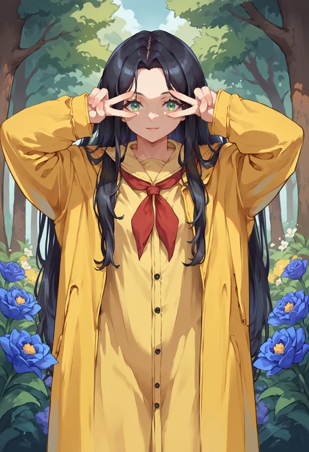 score_9, score_8_up,score_7_up, source_anime, 1girl, solo,
bivgtsav, hands on own face,
<lora:VctryVsgDbl_pdxl_EliPot:1>
yellow raincoat,black hair,long sleeves,very long hair,closed mouth,light smile,,blue flower,standing,flower,red neckerchief,raincoat,cowboy shot,neckerchief,open clothes,green eyes, outdoors, forest, day,