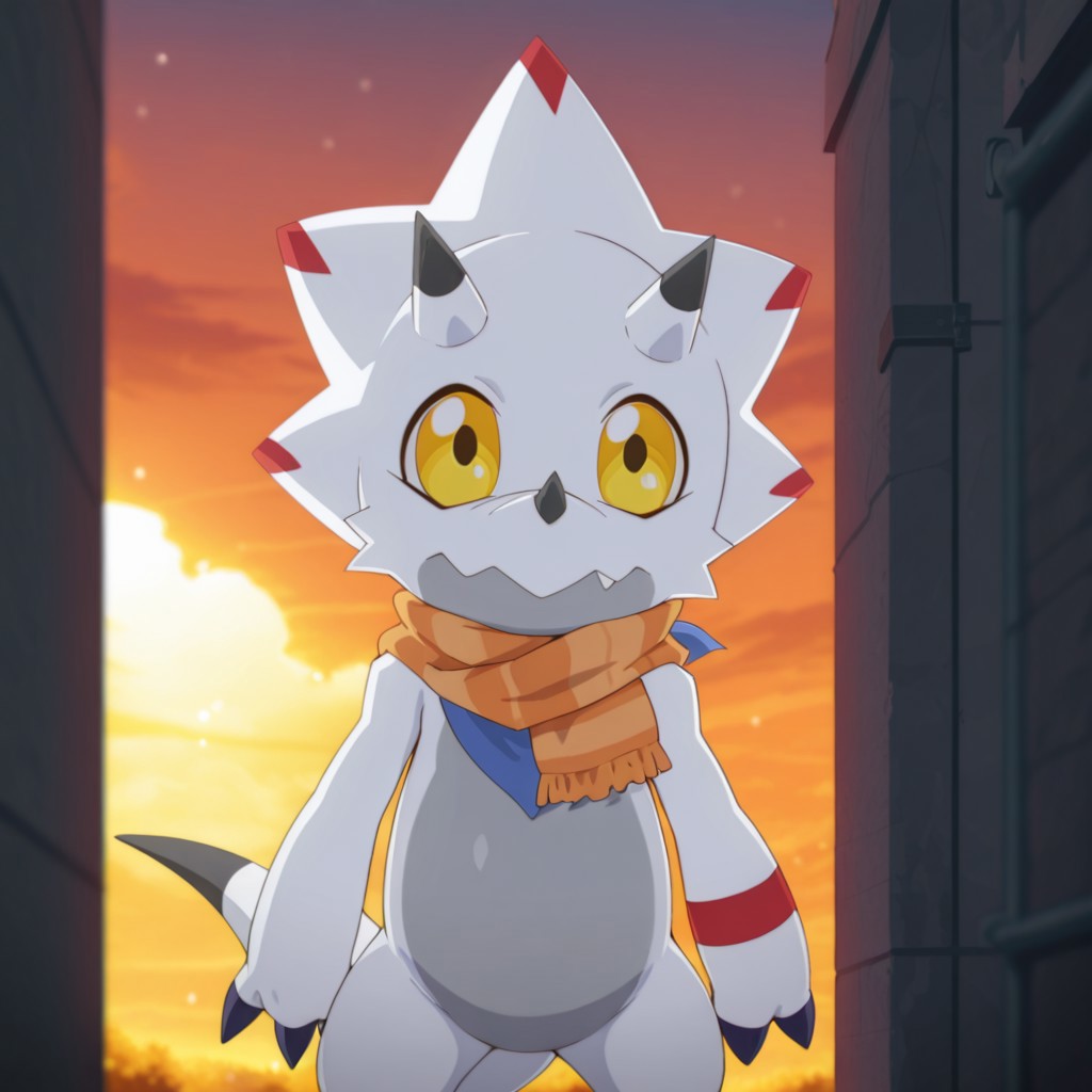 ((masterpiece, best quality, amazing quality,))  GammaGil, semi-anthro, Gammamon, ceratopsian, white skin, yellow eyes, blue neckerchief, horns, nose horn, tail, orange scarf, outside, standing, solo
