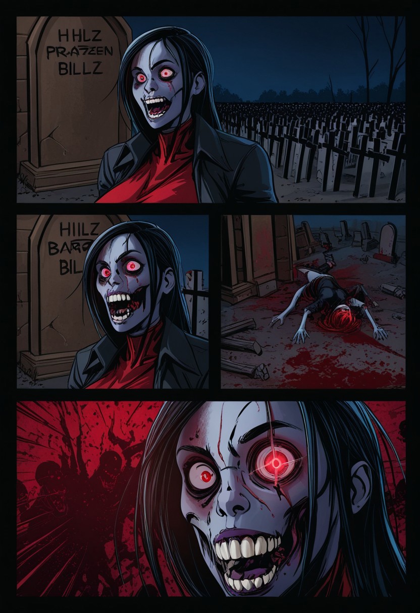 MASTERPIECE, AMAZING QUALITY, PORTRAIT, 1GIRL, H3LLZ, COMIC, ZOMBIE, UNDEAD, GLOWING EYES, GRAVEYARD, BLOODY, SPLATTER, DARK