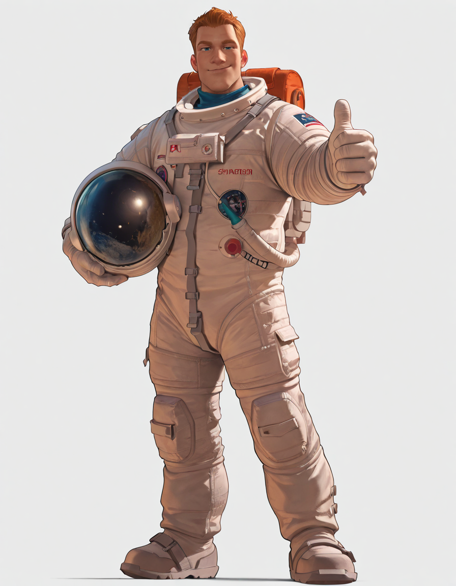 cinematic_depth, 8k, soft_lighting, warm_glow, ultra_high_quality, masterpiece, best quality, newest, perfect quality, best quality, detailed background, intricate details, male focus, solo, realistic, <lora:Planet 51 - Chuck Baker - Illustrious-000006:0.7>  c_baker, 1boy, tall male, red hair, blue eyes, solo, full body, looking at viewer, spacesuit, holding space helmet, thumbs up, contrapposto, simple background, white background, starry background