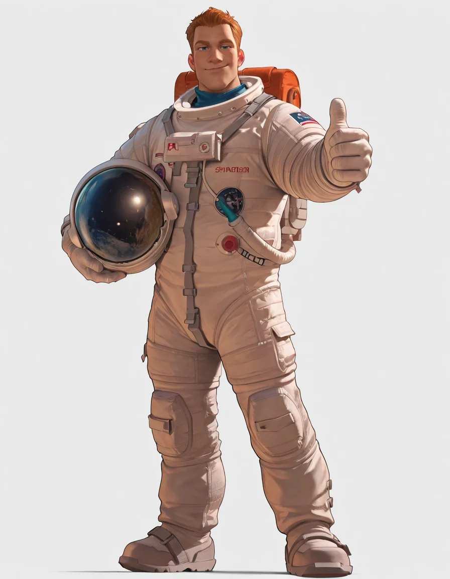 cinematic_depth, 8k, soft_lighting, warm_glow, ultra_high_quality, masterpiece, best quality, newest, perfect quality, best quality, detailed background, intricate details, male focus, solo, realistic, <lora:Planet 51 - Chuck Baker - Illustrious-000006:0.7> c_baker, 1boy, tall male, red hair, blue eyes, solo, full body, looking at viewer, spacesuit, holding space helmet, thumbs up, contrapposto, simple background, white background, starry background