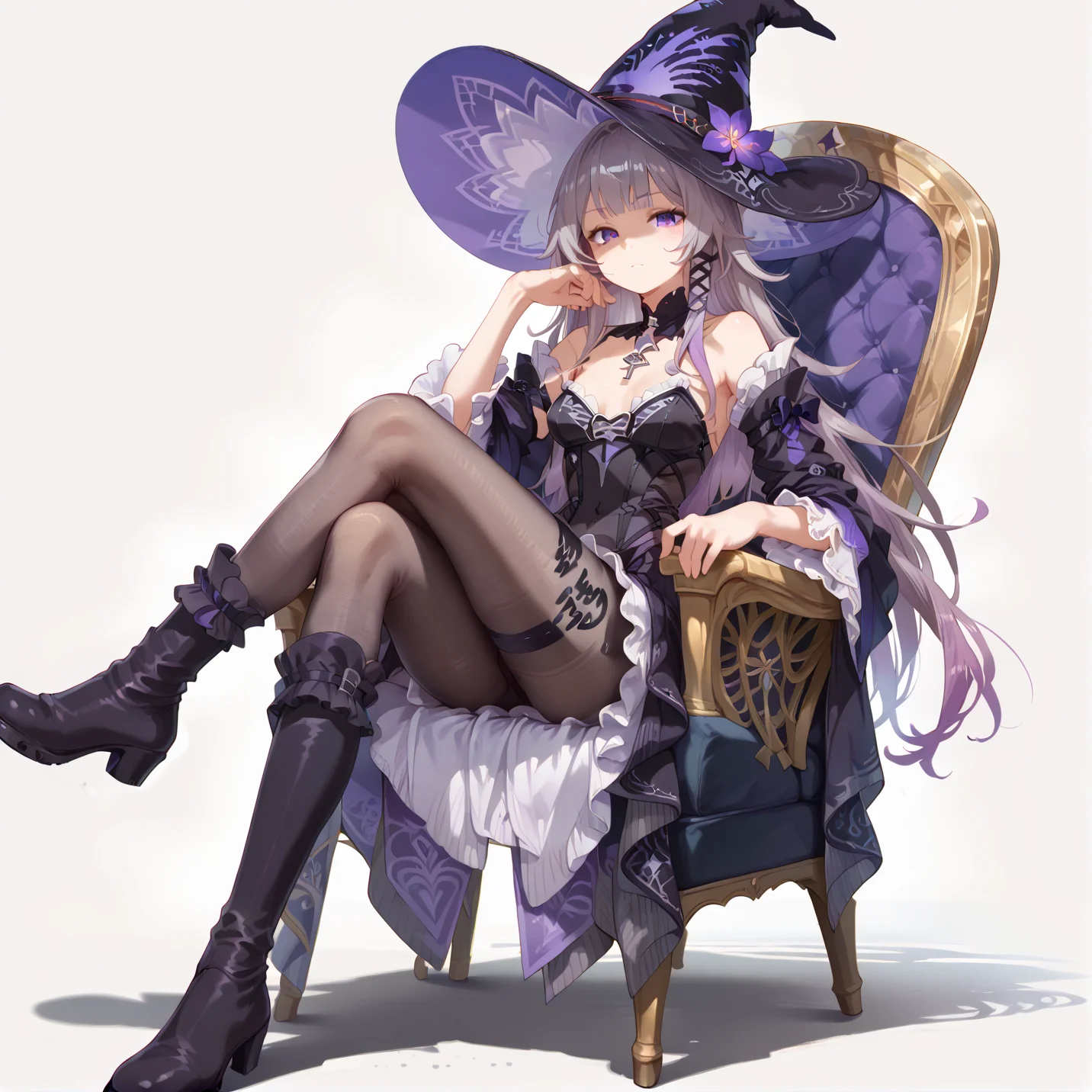 score_9, score_8_up, score_7_up, simple background, looking at viewer, sitting, chair,
1girl, solo, the herta, purple eyes, witch hat, long hair, gradient hair, pantyhose, uneven footwear, boots,
<lora:the_herta_pony_v1:0.8>