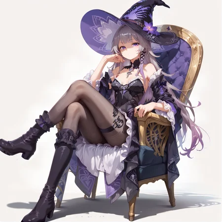 score_9, score_8_up, score_7_up, simple background, looking at viewer, sitting, chair,
1girl, solo, the herta, purple eyes, witch hat, long hair, gradient hair, pantyhose, uneven footwear, boots,
 <lora:the_herta_pony_v1:0.8>