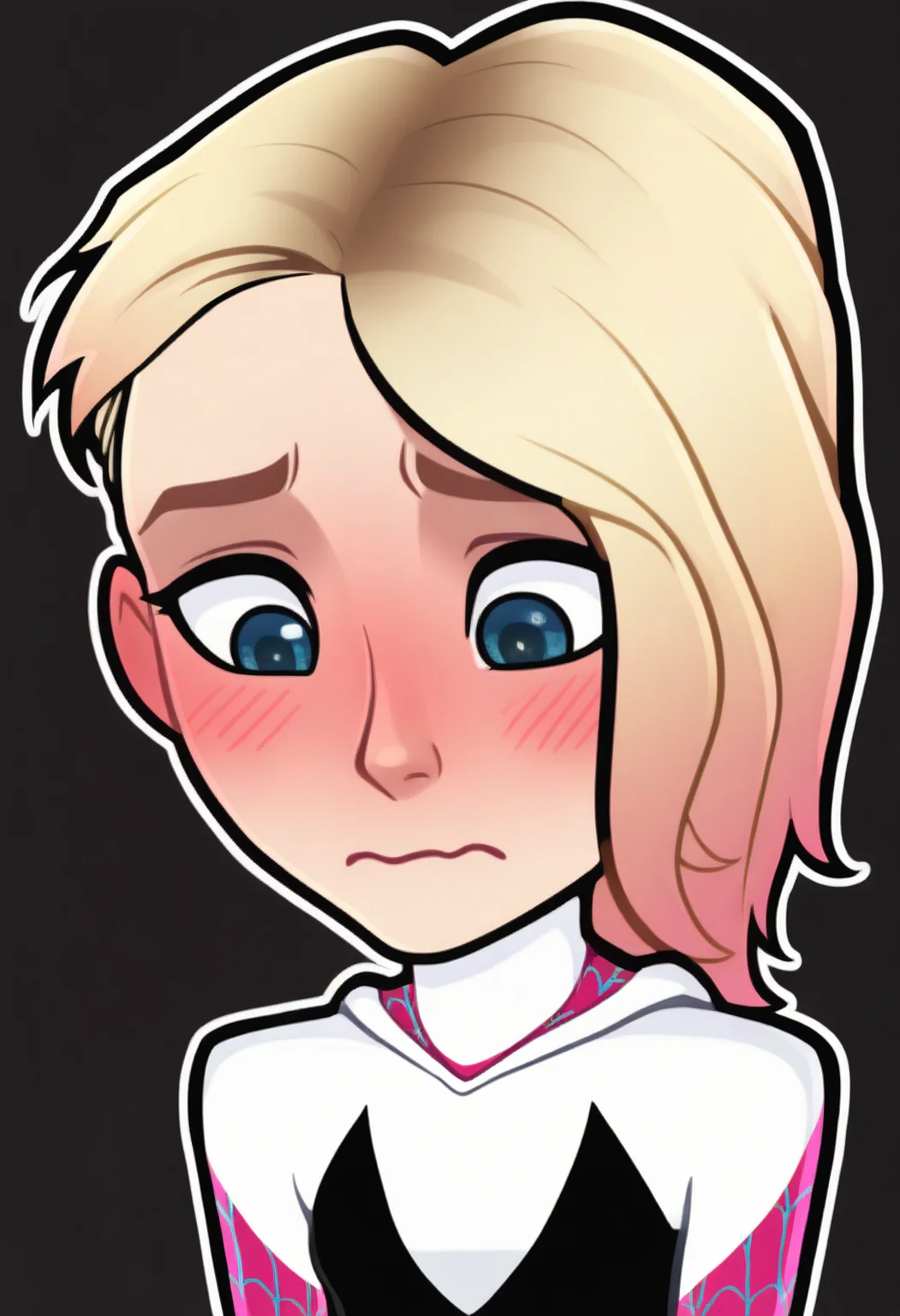 sticker, colorful, outline, chibi,
masterpiece, best quality, very aesthetic, absurdres,
1girl, gwenstacy, blonde hair, blue eyes, asymmetrical hair,
hooded bodysuit, spider web print,
blush, embarrassed, looking down, upper body, simple background, black background, <lora:StickerNoobLocon_byKonan:1> <lora:GwenStacyNoobXL_byKonan:1>