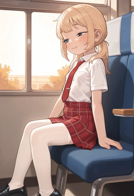 masterpiece, best quality, high resolution, possmach, absurdres, side view, 1girl, a girl is sitting on a bus, looking out the window, looks away, solo, beautiful face, detailed face,(1girl, freckles, school uniform, red tie, white shirt, plaid red skirt, white stockings, black shoes, blonde hair, pigtails, blue eyes, small breasts, flat chest), half-closed eyes, cute slight smile, playful expression, flirting, warm light