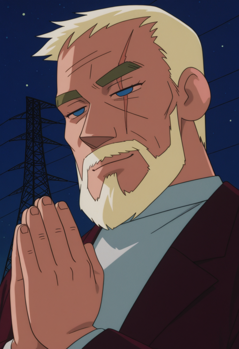 1boy, (portrait:1.5), standing, outdoors, night, night sky, star, sky, transmission tower, half-closed eyes, light smile, (full beard:1.5), clapping, praying,
BREAK
<lora:Hexon_from_Crayon_Shin-chan_Pursuit_of_the_Balls_of_Darkness_v1.0:1> thick arms, large pectorals,
cs97hexon, 2000s \(style\), retro artstyle, old man, blonde hair, blue eyes, thick eyebrows,
maroon suit, turtleneck, scar on face, scar across eye,
BREAK
very awa, masterpiece, best quality, absurdres, newest, perfect quality, detailed background, intricate details,