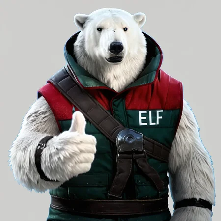 Zpdxl3, score_7_up, score_8_up, 2d, source_cartoon, solo male, upper body, 
BREAK,
Garcia, anthro, polar bear, sleeveless vest, bracer, "elf", (thumbs up), looking at viewer, simple background,