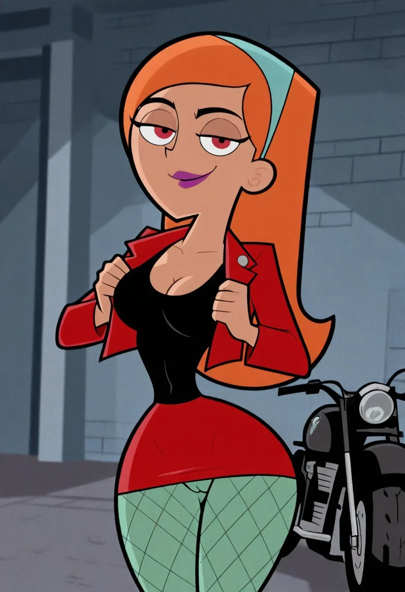 masterpiece, best quality, amazing quality, very aesthetic, high resolution, ultra-detailed, absurdres, newest, scenery, cartoon, parody, solo, 1girl, jazz fenton, jazz fenton (dp), orange hair, long hair, hairband, red lips, possessed by kitty, red eyes, purple lips, red jacket, black tank top, torn shirt, navel, red skirt, green pantyhose, fishnets, paulina sanchez, black hair, green hair, two-toned hair, long hair, dark skin, solo, smug, half closed eyes, smirk, smile, standing, ((lifting_miniskirt, flashing_cameltoe)), sexy pose, backstage, looking at viewer,(medium breasts, cleavage, skinny body, narrow waist, wide hips), tight_clothes, bimbofusion artstyle, character fusion, fusion of kitty and Paulina Sanchez, seductive, alluring, sexy, ((showing_off, asking_for_it)), leaning_forwards, cleavage, garage_background, (((black)))_motorcycle, dirty, messy